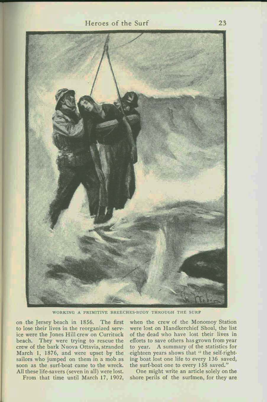 "Heroes of the Surf"  picture of breeches buoy and surf